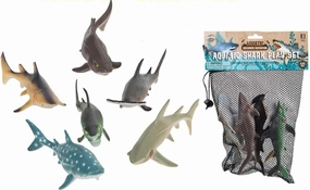 Six Piece Shark Set – Realistic Looking Ocean Sharks – Great for Party Favors, Bath Time, Shark Week – Reusable Mesh Bag – Measuring 5.5 – 7.5 inches.