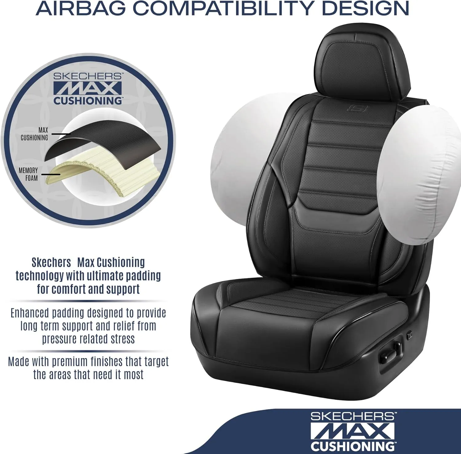 Skechers MAX Cushioning Seat Covers,Memory Foam Leather Car Seat Covers,Waterproof Car Seat Protector Front Seats,Car Seat Cushion Airbag Automotive Universal Fit for Most Cars,Vans,Trucks,SUV,Black