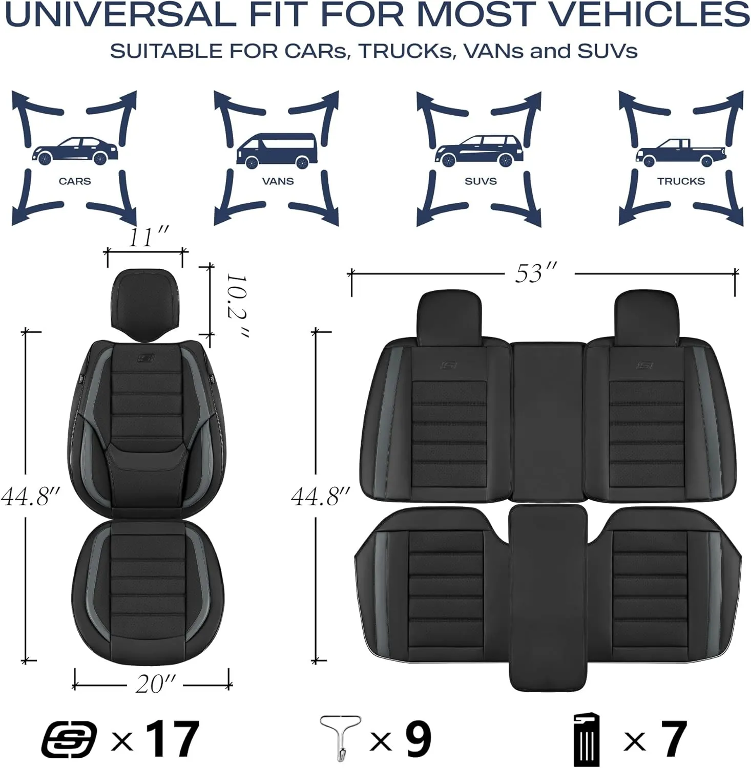 Skechers MAX Cushioning Seat Covers,Memory Foam Leather Car Seat Covers,Waterproof Car Seat Protector Full Sets,Car Seat Cushion Airbag Automotive Universal Fit for Most Cars,Vans,Trucks,SUV,Grey