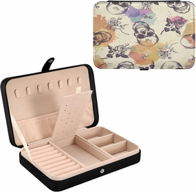 Skulls and Rose Flowers PU Leather Travel Jewelry Organizer Case, Portable Jewellery Storage Holder Display for Ring Earrings Necklace Bracelet Bangle Watch Gift for Girl