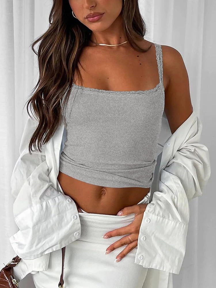 Sleeveless Camisole Tank Tops for Women Y2K Spaghetti Strap Lace Trim Slim Fit Basic Cami Shirts