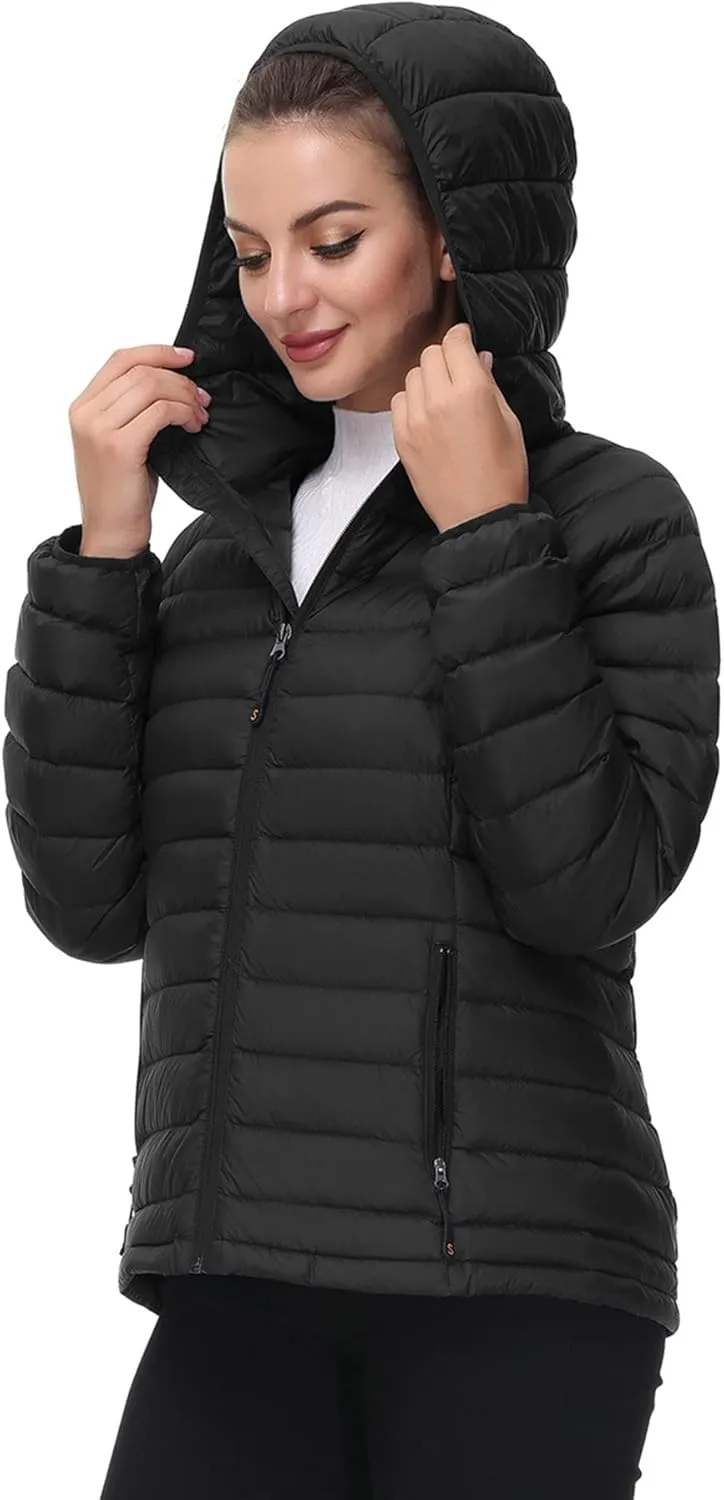 SLOW DOWN Women Lightweight Down Puffer Jacket, Women Hooded Packable Winter Jacket