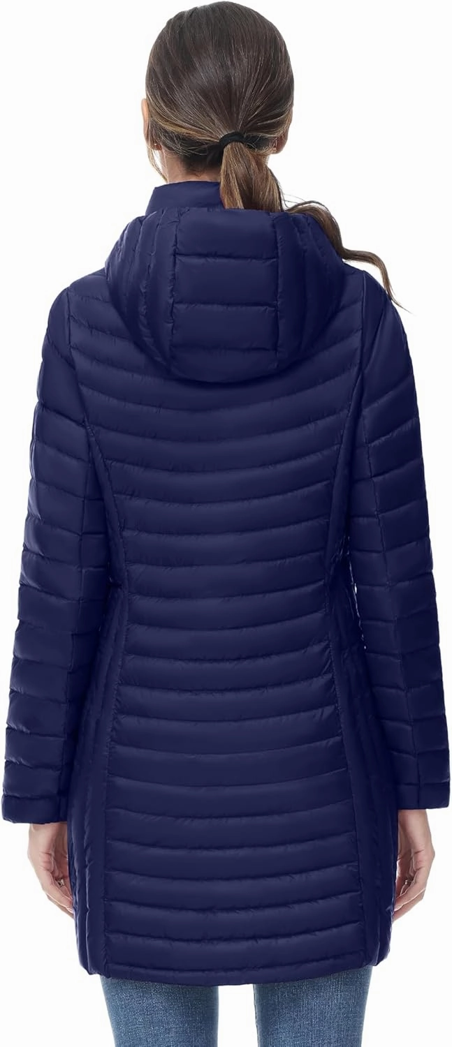 SLOW DOWN Women Ultra Light Down Jacket Packable Puffer Jacket Coat Hooded Mid Length Winter Outwear