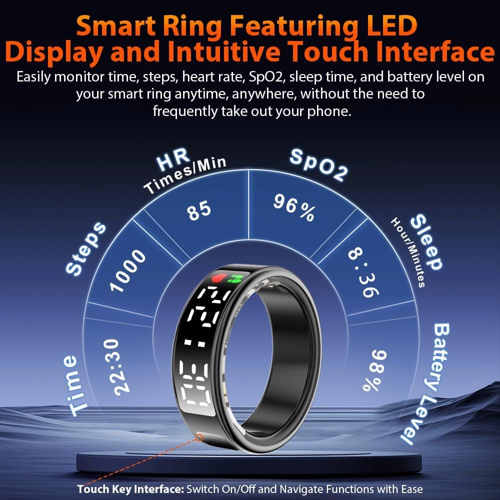 Smart Ring Health Tracker with LED Display Screen, IP68 Waterproof Fitness Tracker, Bluetooth Connection Health Ring Compatible with iOS/Android, Activity Tracker/Heart Rate/Blood Oxygen/Sleep/Step