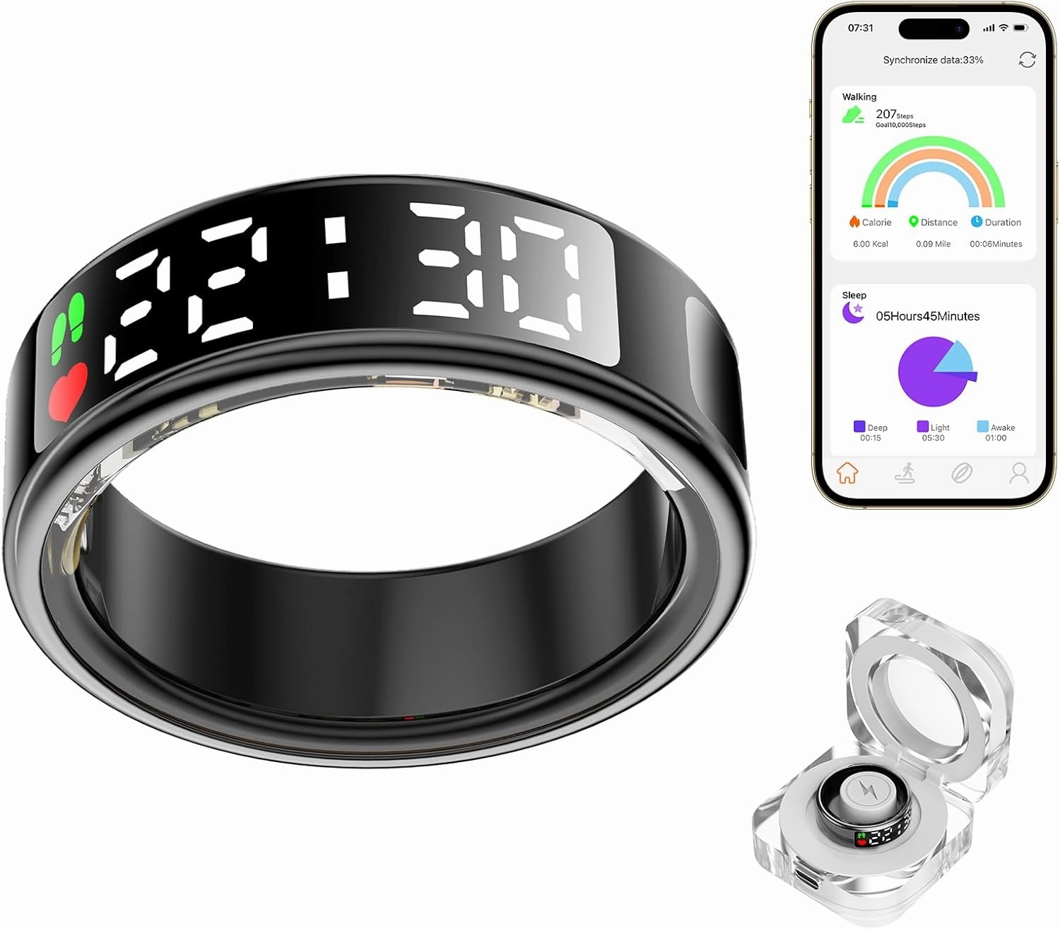 Smart Ring Health Tracker with LED Display Screen, IP68 Waterproof Fitness Tracker, Bluetooth Connection Health Ring Compatible with iOS/Android, Activity Tracker/Heart Rate/Blood Oxygen/Sleep/Step