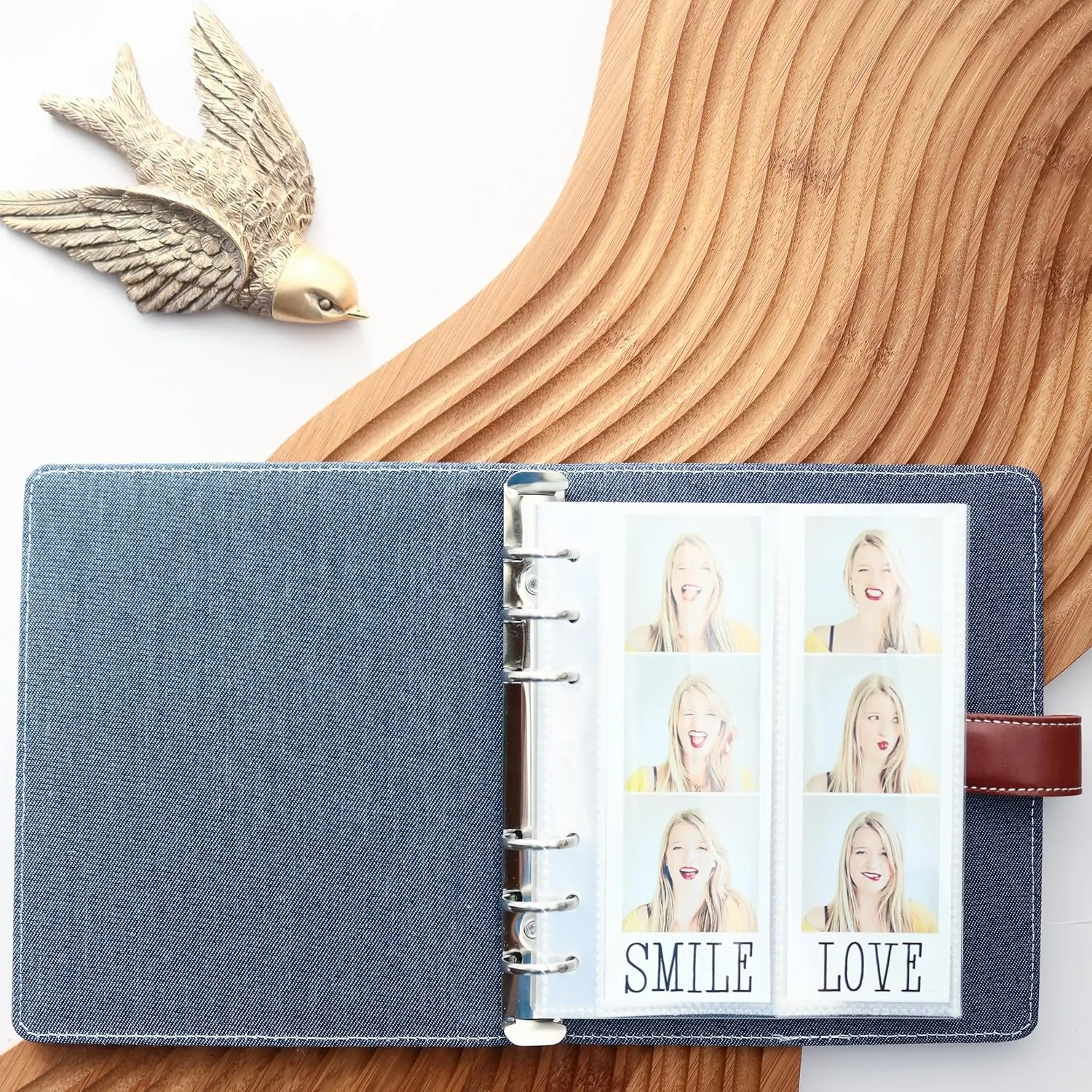 SMILE&WAVE Photo Album For 2X6 Photo Booth Slip In Strips - 6 Ring Glitter Notebook Sparkle Binder With 20 2 By 6 Photo Sleeves - Fits 80 Slide In Photobooth Photo Prints (DENIM, 2X6), SW-PHB-6R