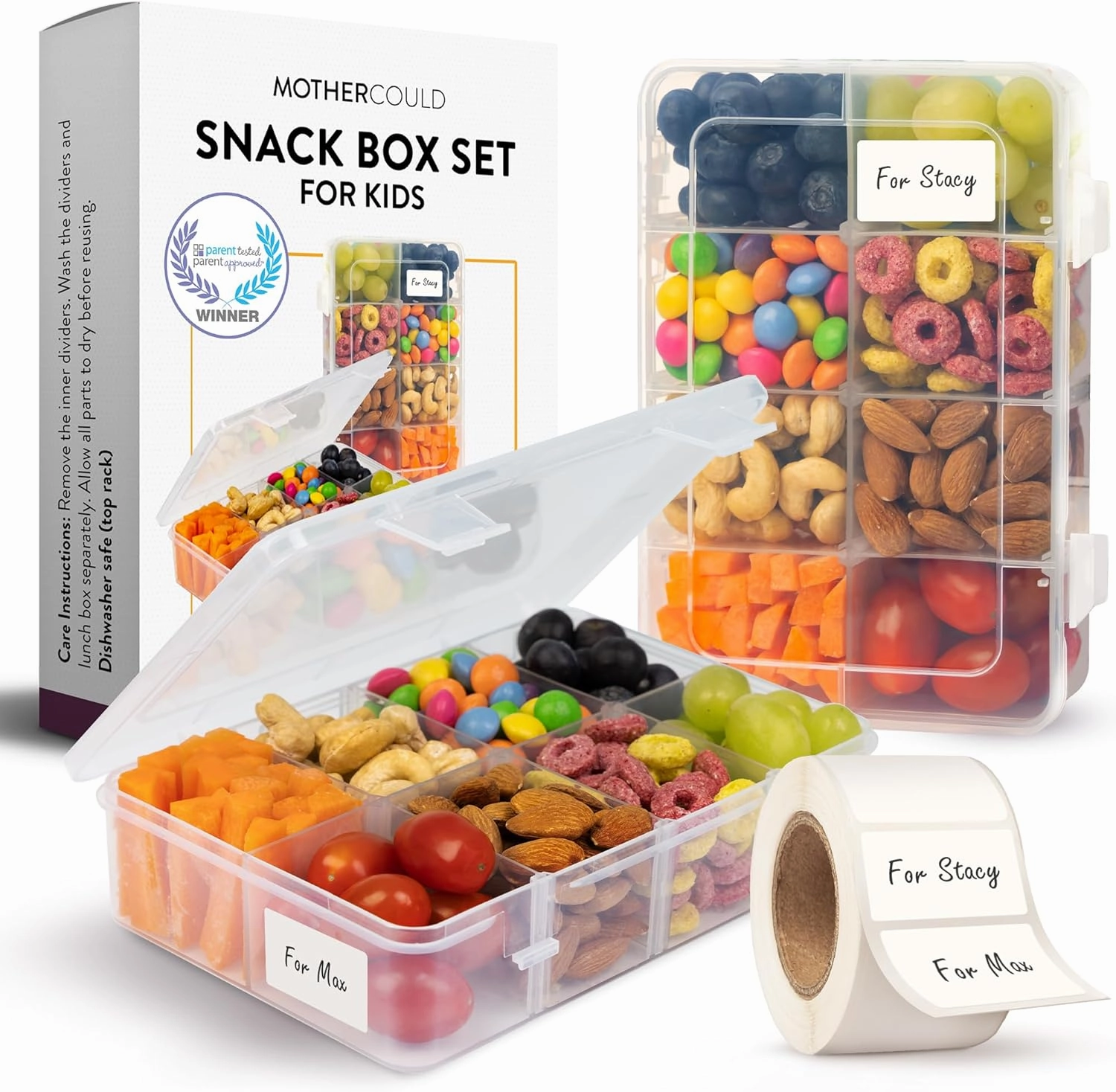 Snack Box Containers Set of 2-Reusable,100 Dissolvable Labels, 8 Adjustable Compartments, Dishwasher Safe, BPA-Free, Food Grade, Durable Design, PARENT TESTED PARENT APPROVED AWARD (2 Pack)(Clear)
