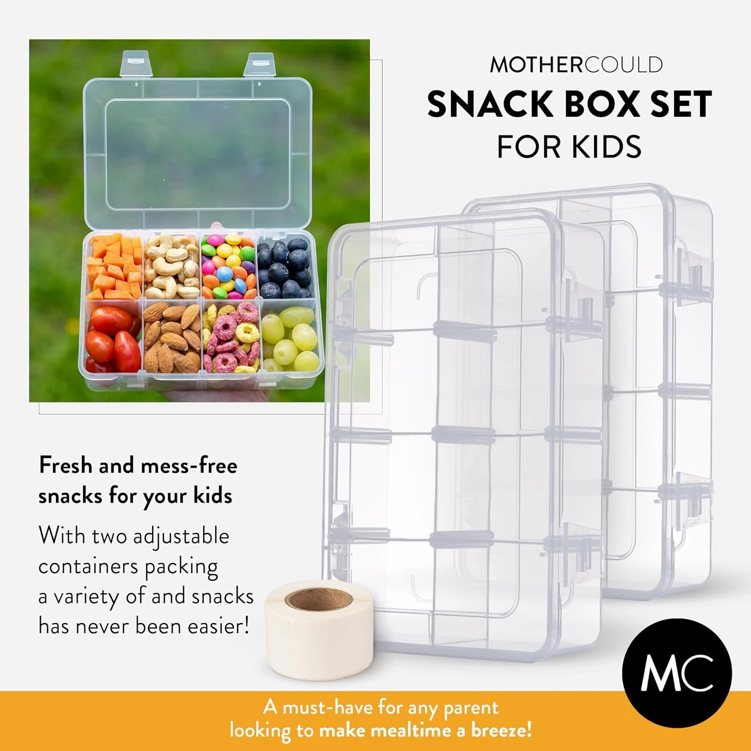 Snack Box Containers Set of 2-Reusable,100 Dissolvable Labels, 8 Adjustable Compartments, Dishwasher Safe, BPA-Free, Food Grade, Durable Design, PARENT TESTED PARENT APPROVED AWARD (2 Pack)(Clear)