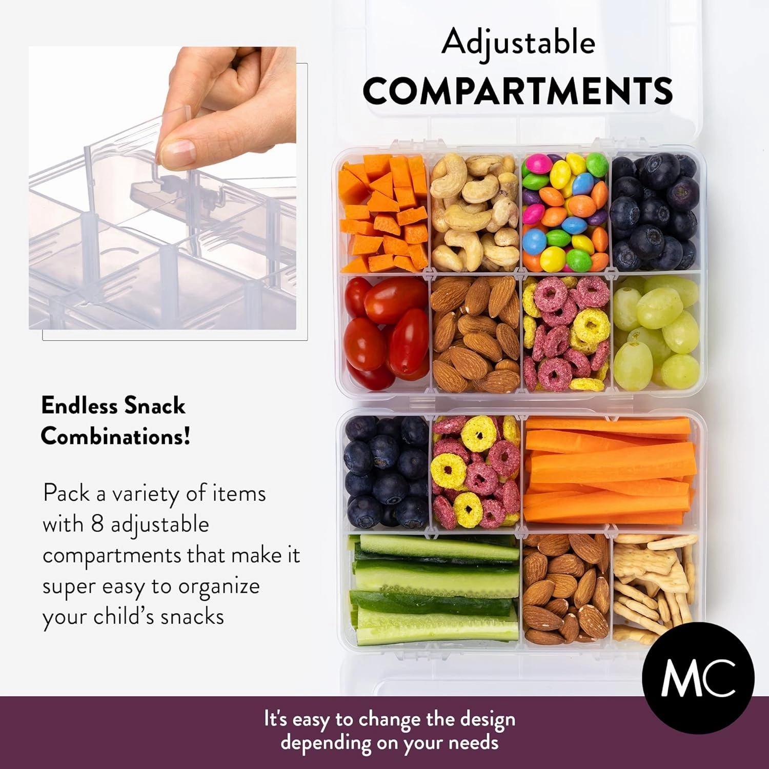 Snack Box Containers Set of 2-Reusable,100 Dissolvable Labels, 8 Adjustable Compartments, Dishwasher Safe, BPA-Free, Food Grade, Durable Design, PARENT TESTED PARENT APPROVED AWARD (2 Pack)(Clear)