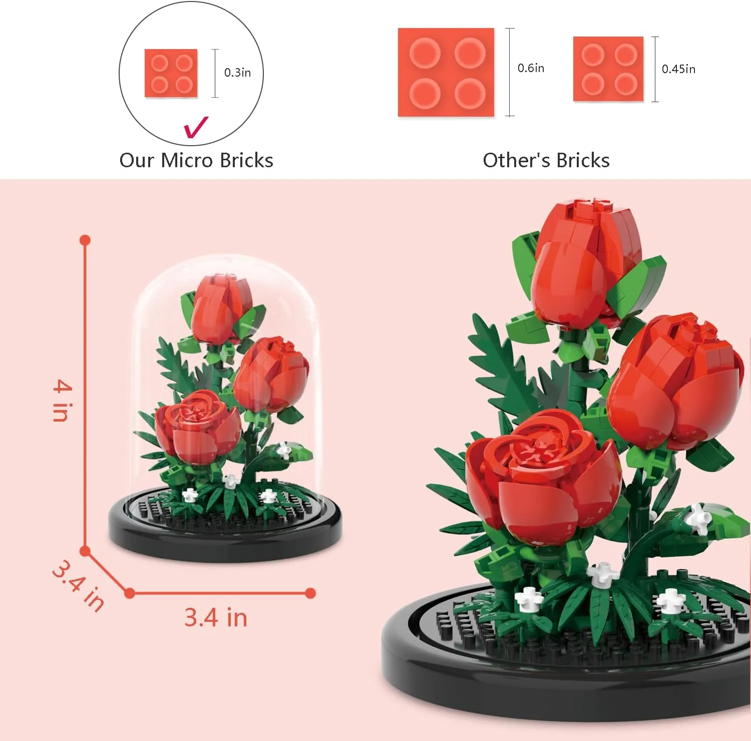 Sofray Flowers Bouquet Micro Bricks Building Set Toys with Dust Cover,2 Kinds of Rose Creative Artificial Flower for Kids,Boys and Girls,Gifts Ideas for Anniversary, Mother's Day for mom