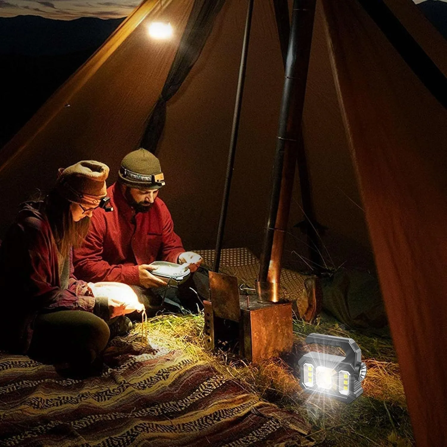 Solar Searchlight Flashlight, Multi-Function Camping Lantern Big Flashlight, Portable Brightest Flashlight with 500LM Perfect for Outdoor, Hiking, and Home, (Color : Gold)