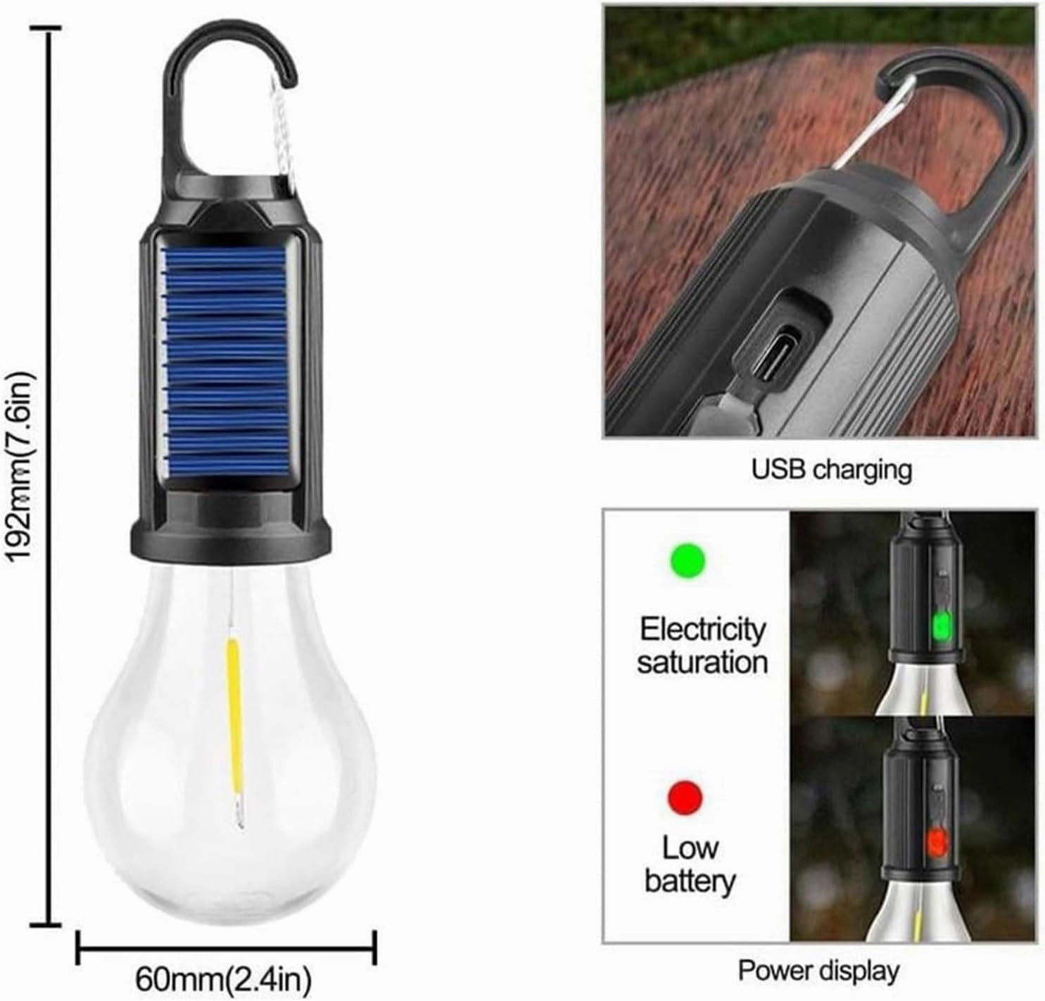 Solar Rechargeable Hooked Camping Light, Multi-Functional Waterproof Solar Tent Lights, USB Rechargeable Led Camping Lantern,Portable Clip Hook Indoor ＆ Outdoor Hanging Lantern (Spherical Style, 3)