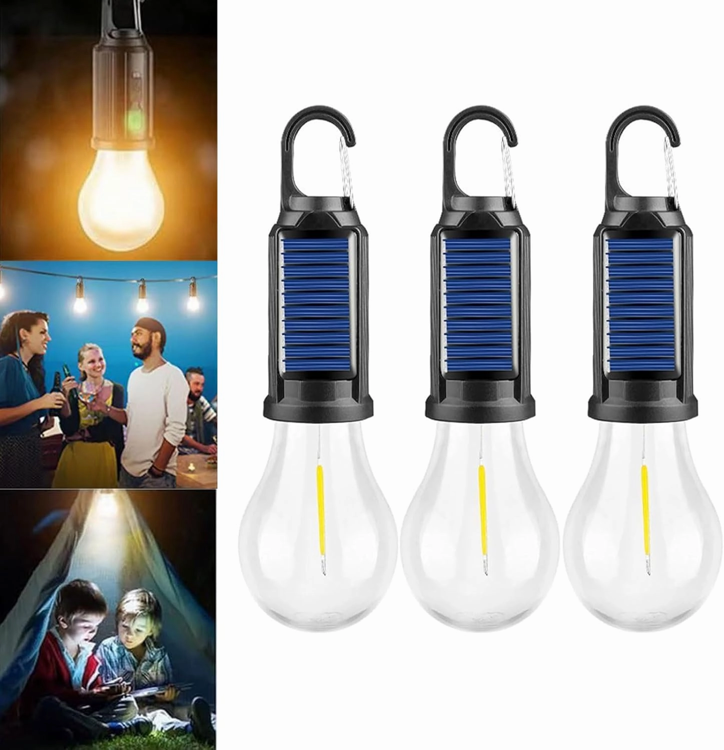 Solar Rechargeable Hooked Camping Light, Multi-Functional Waterproof Solar Tent Lights, USB Rechargeable Led Camping Lantern,Portable Clip Hook Indoor ＆ Outdoor Hanging Lantern (Spherical Style, 3)