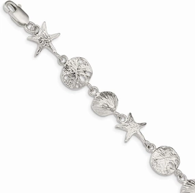 Solid Sterling Silver 7" Seashells, Starfish and Sand Dollar Bracelet - 14mm wide - Beach Jewelry - Pura Vida - Bohemian Bracelet for Women