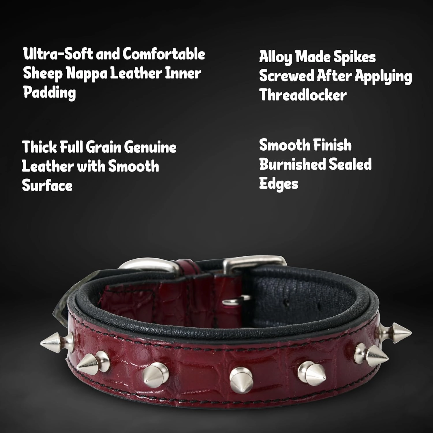 Spiked Leather Dog Collar - 1 Inch Wide Full Grain Bridle Leather, Crocodile Pattern, Heavy Duty Padded Design - for Small Breeds (Wine Red, S (Fit Neck 11.5"-14.5"))