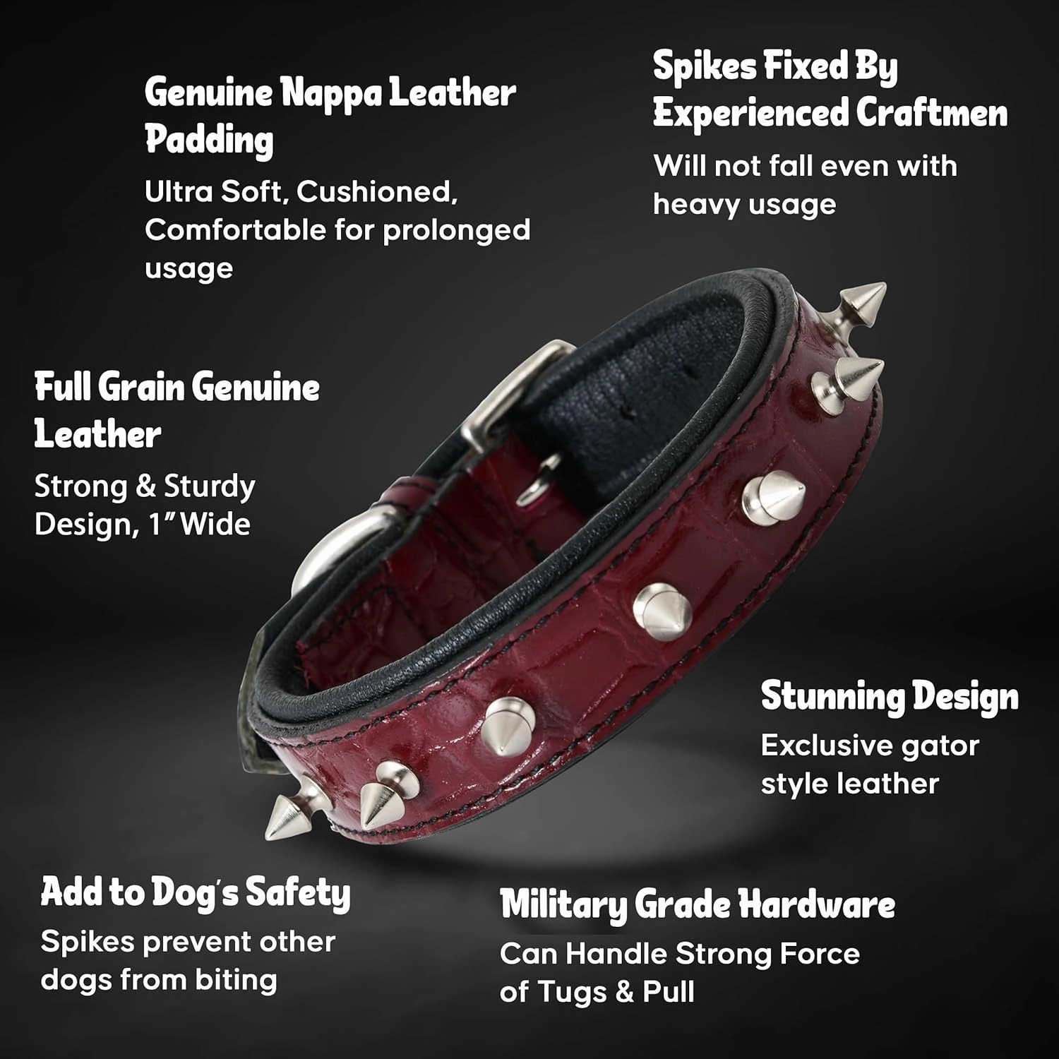 Spiked Leather Dog Collar - 1 Inch Wide Full Grain Bridle Leather, Crocodile Pattern, Heavy Duty Padded Design - for Small Breeds (Wine Red, S (Fit Neck 11.5"-14.5"))