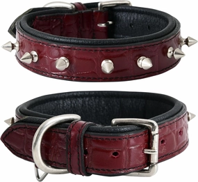 Spiked Leather Dog Collar - 1 Inch Wide Full Grain Bridle Leather, Crocodile Pattern, Heavy Duty Padded Design - for Small Breeds (Wine Red, S (Fit Neck 11.5"-14.5"))