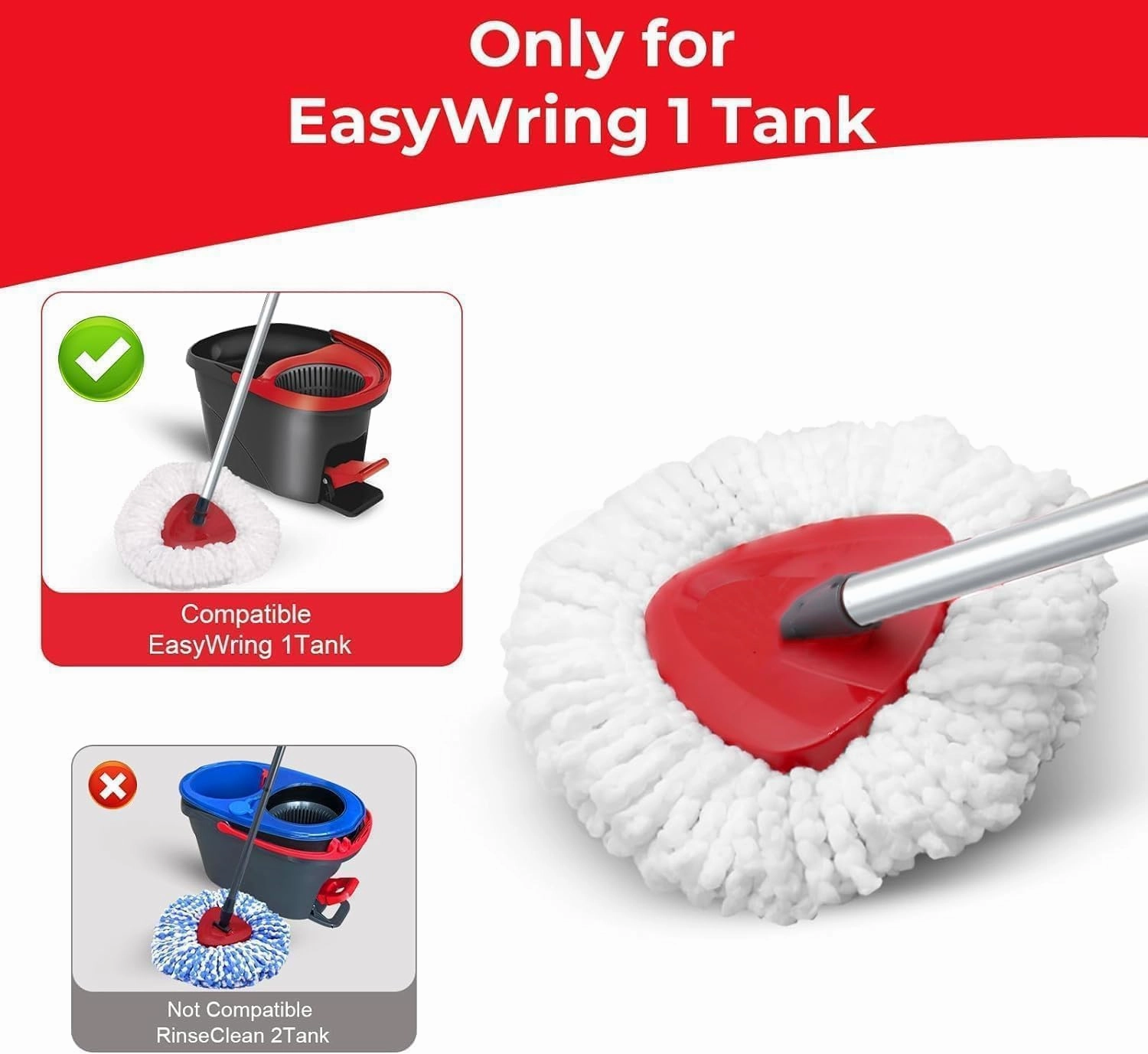 Spin Mop Replacement Head Compatible with O-Cedar EasyWring 1 Tank, 2 Microfiber Mop Refills, 30-58" Handle and 1 Base Set Combo (White,1 Tank System)