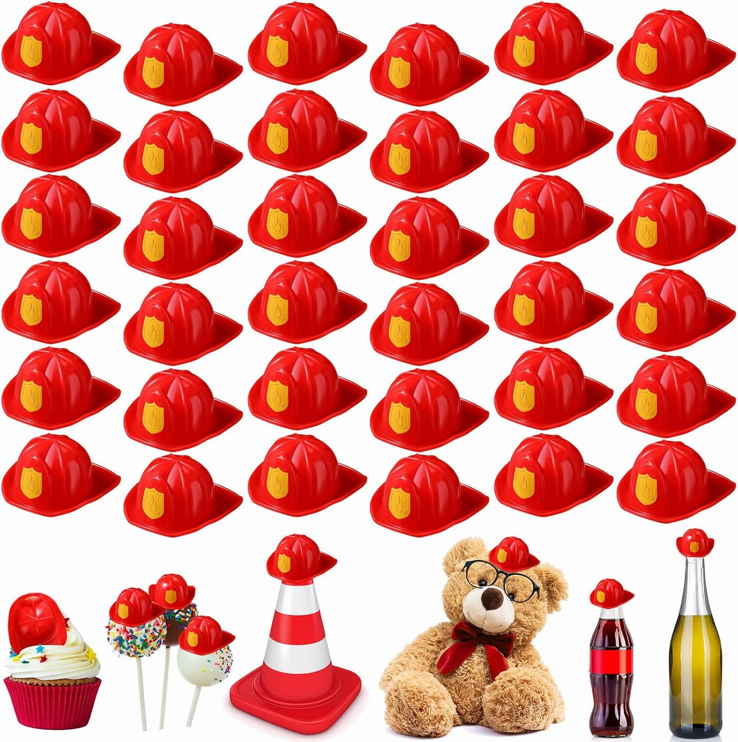 Sratte 36 Pcs Miniature Red Firefigher Hats Mini Fireman Bottle Toy Doll Hats Lovely Plastic Cake Pops Cake Topper Funny Bottle Decor for Party Supplies