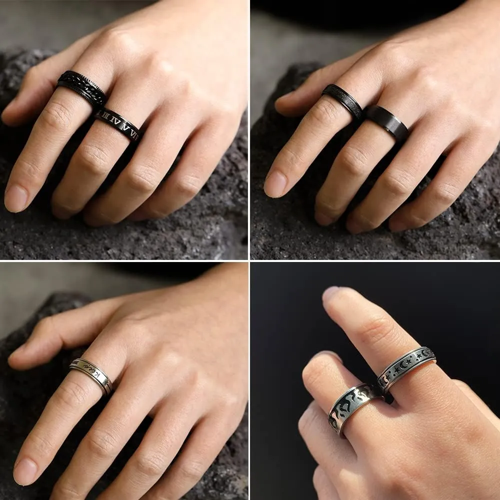 Stainless Steel Fidget Rings for Men, Sliver Fidget Rings for Women, Cool Spinner Ring Set, Black Mens Wedding Band Ring Pack