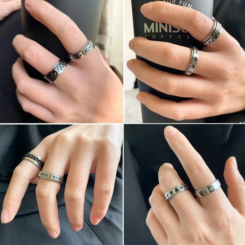 Stainless Steel Fidget Rings for Men, Sliver Fidget Rings for Women, Cool Spinner Ring Set, Black Mens Wedding Band Ring Pack