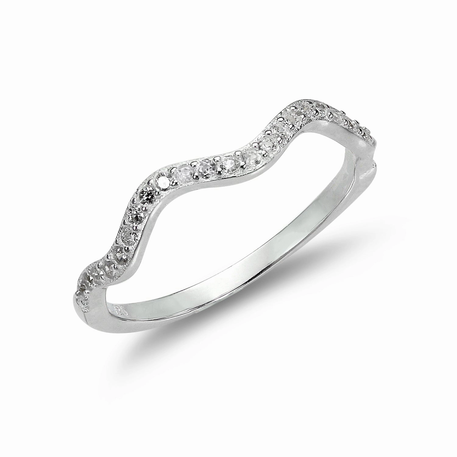 Sterling Silver 2mm Wave Ring with Clear CZ Crystals - UK Size I-U