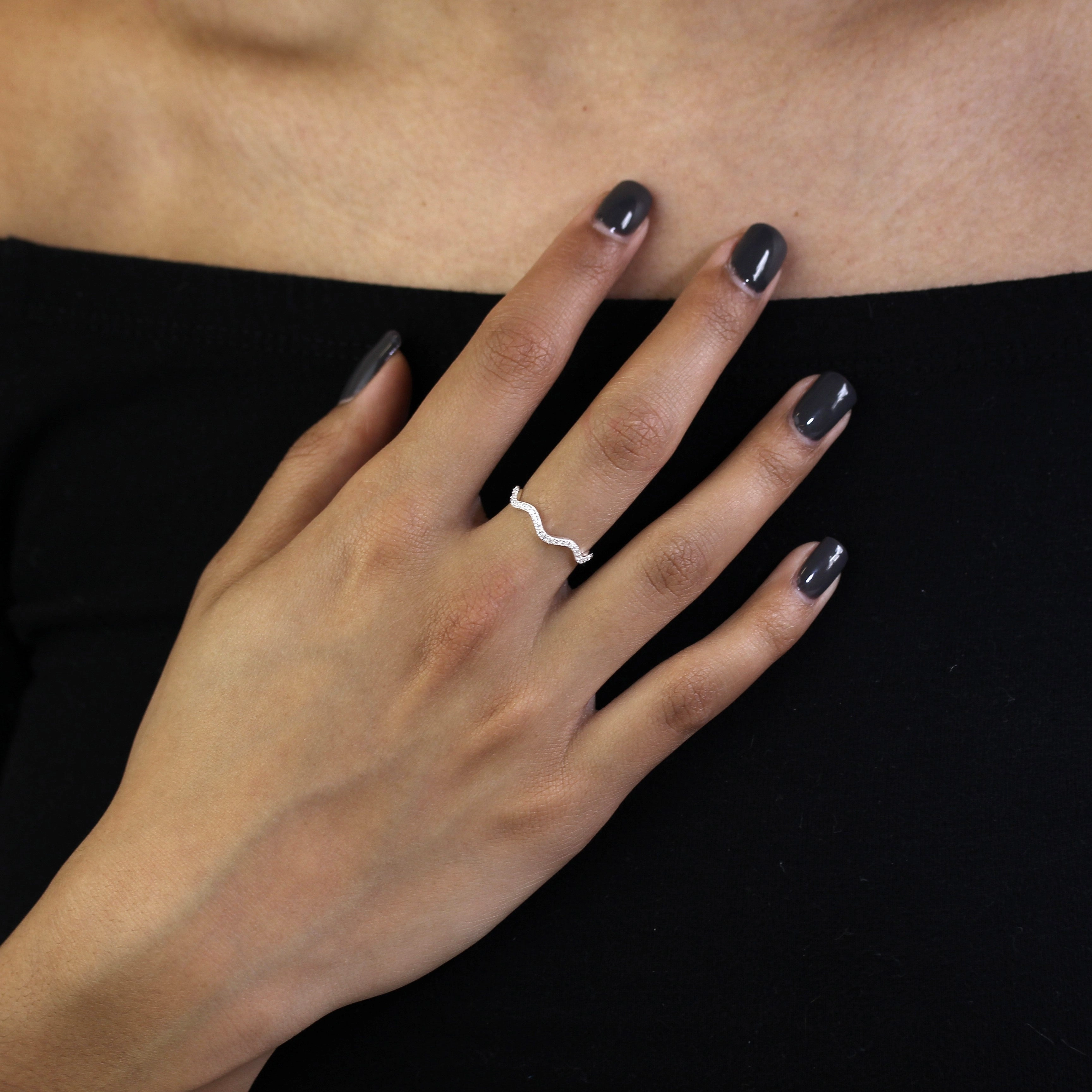 Sterling Silver 2mm Wave Ring with Clear CZ Crystals - UK Size I-U