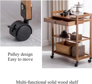Storage Rack Three Tier Serving Cart Wheeled Dining Cart Solid Wood Shelf Wine Cart Bar Counter Kitchen Table Ergonomic Handle 58.5X33X73Cm,Brown
