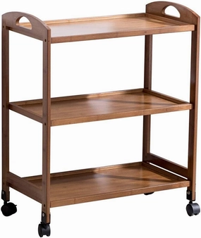 Storage Rack Three Tier Serving Cart Wheeled Dining Cart Solid Wood Shelf Wine Cart Bar Counter Kitchen Table Ergonomic Handle 58.5X33X73Cm,Brown
