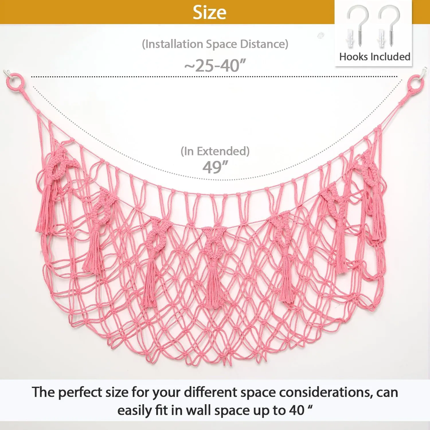 Stuffed Animal Net or Hammock Macrame Toy Diaplay Plush Toy Holder Corner Wall Hanging Net for Stuffed Animal Storage (Pink,49" W)