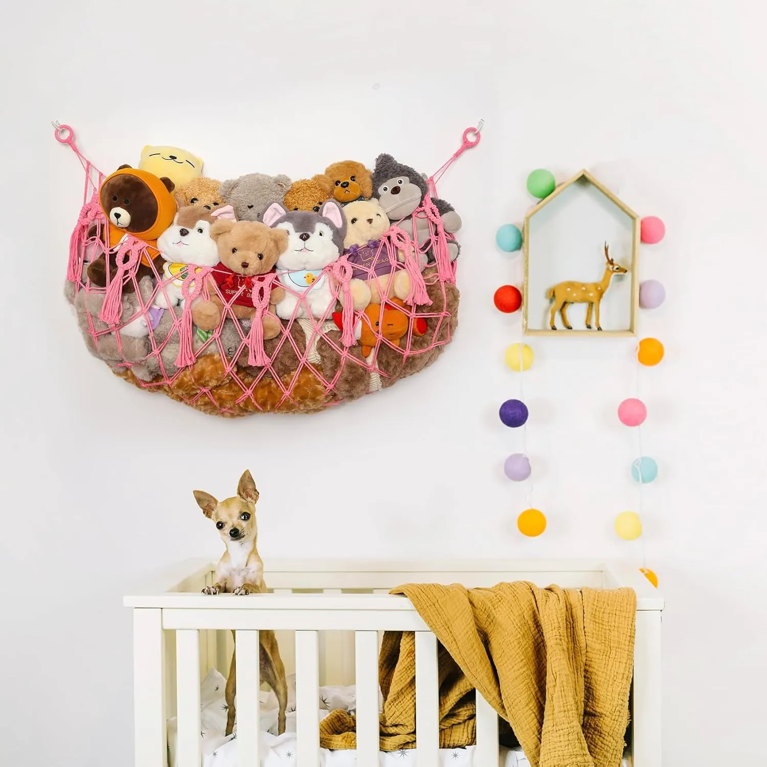 Stuffed Animal Net or Hammock Macrame Toy Diaplay Plush Toy Holder Corner Wall Hanging Net for Stuffed Animal Storage (Pink,49" W)