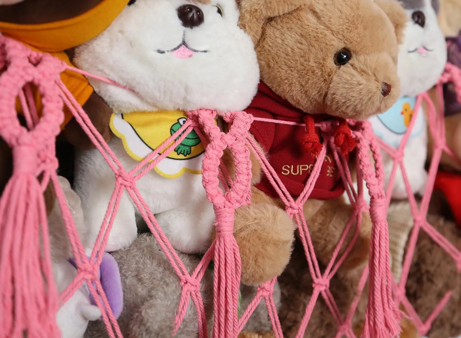 Stuffed Animal Net or Hammock Macrame Toy Diaplay Plush Toy Holder Corner Wall Hanging Net for Stuffed Animal Storage (Pink,49" W)
