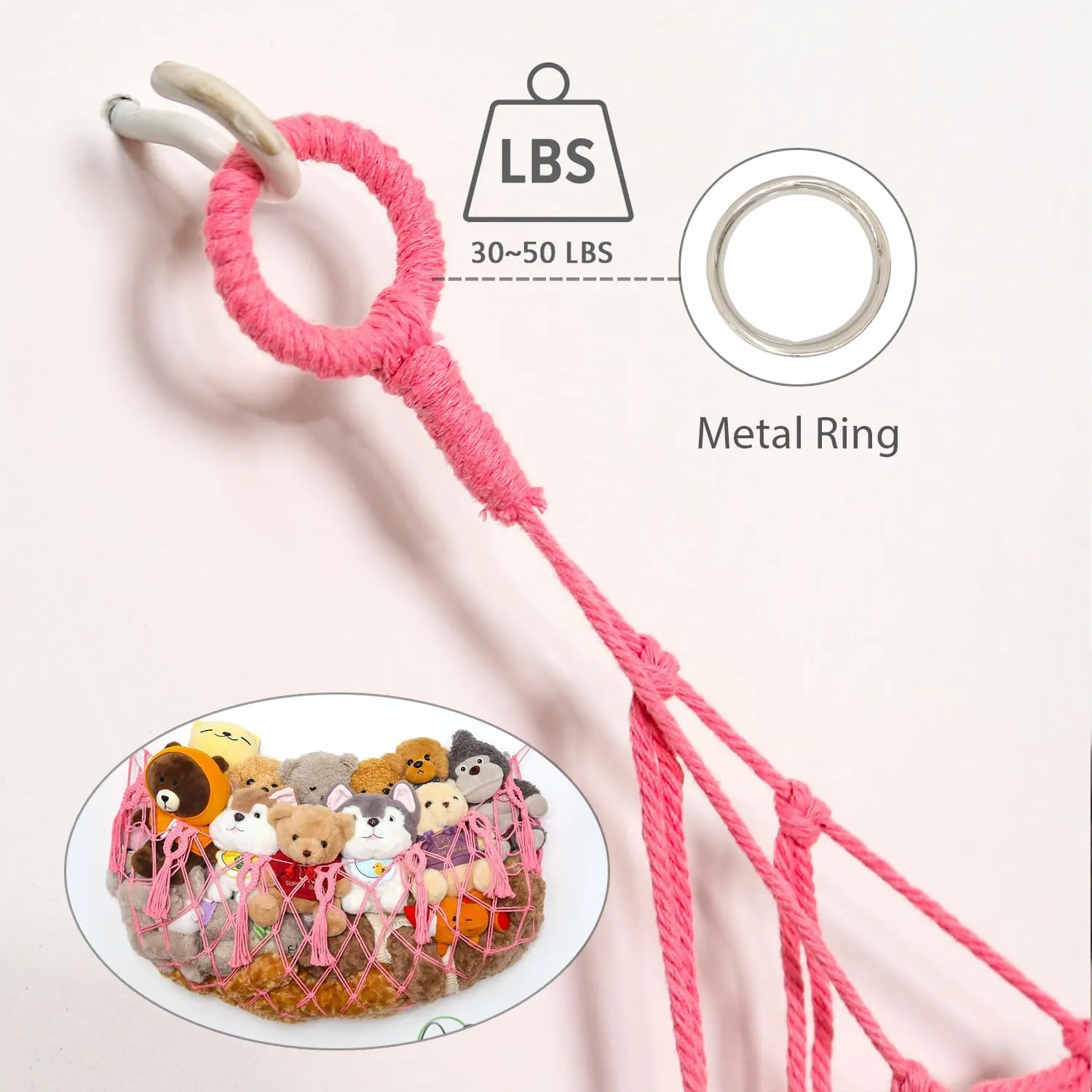 Stuffed Animal Net or Hammock Macrame Toy Diaplay Plush Toy Holder Corner Wall Hanging Net for Stuffed Animal Storage (Pink,49" W)