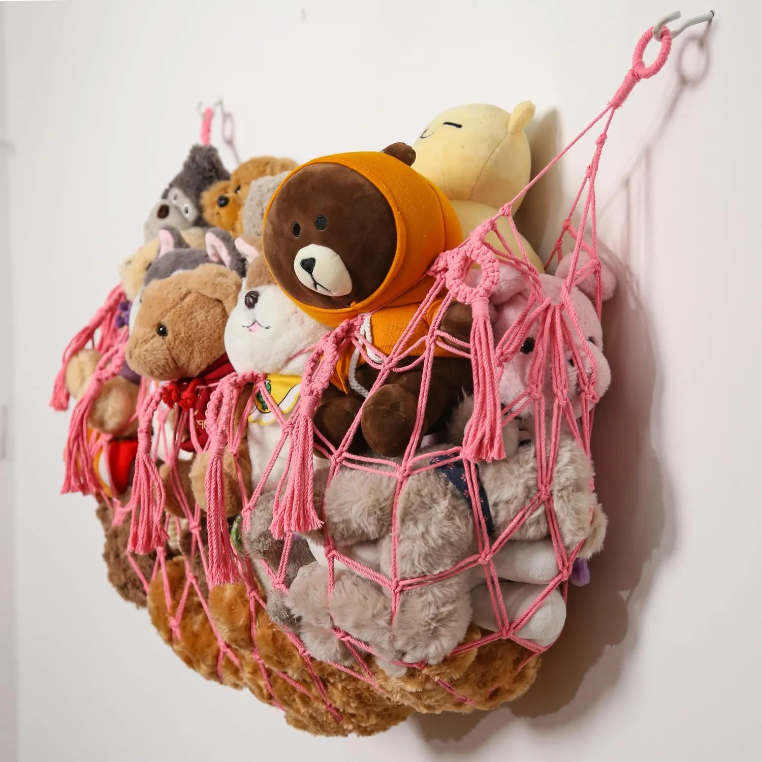 Stuffed Animal Net or Hammock Macrame Toy Diaplay Plush Toy Holder Corner Wall Hanging Net for Stuffed Animal Storage (Pink,49" W)
