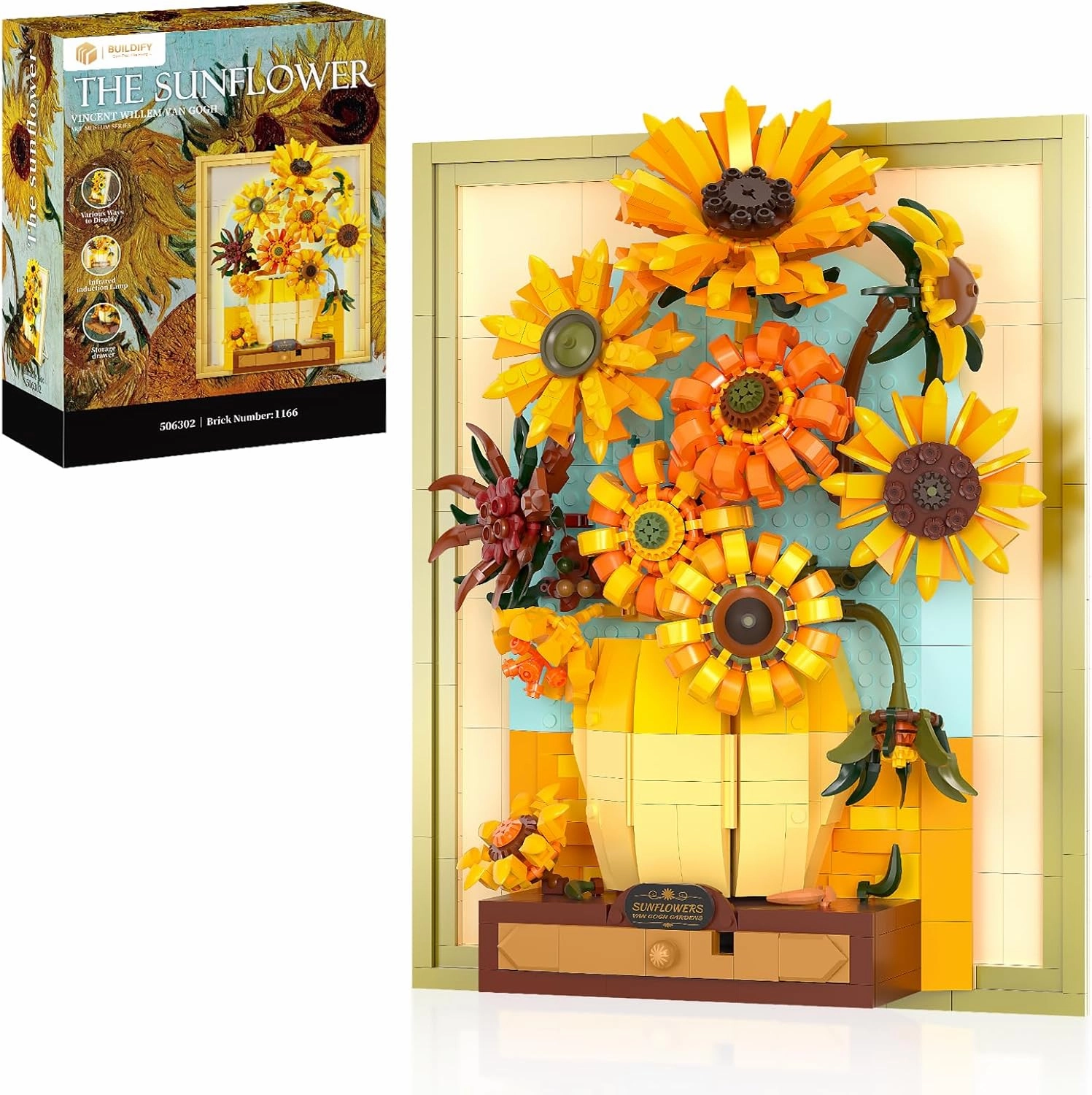 Sunflower Flower Building Blocks Set with Light for Adults, Wall Art Botanical Building Toy for Home Office Decor, Creative Christmas Birthday Presents for Lover Women Girls Boys, 1166 PCS