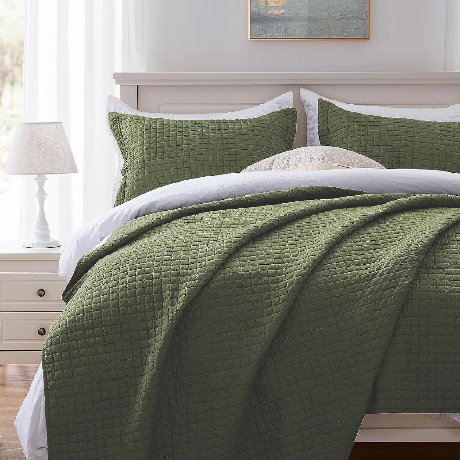 SunStyle Home Olive Green Quilt King Size, Lightweight Blanket Bedspread Soft Reversible Coverlet for All Season 3pcs Army Green Square Quilted Bedding Set (1 Quilt 2 Pillow Shams)(106"x96")
