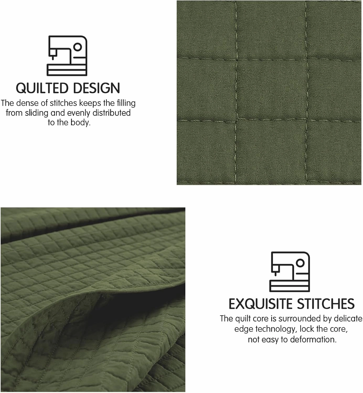 SunStyle Home Olive Green Quilt King Size, Lightweight Blanket Bedspread Soft Reversible Coverlet for All Season 3pcs Army Green Square Quilted Bedding Set (1 Quilt 2 Pillow Shams)(106"x96")