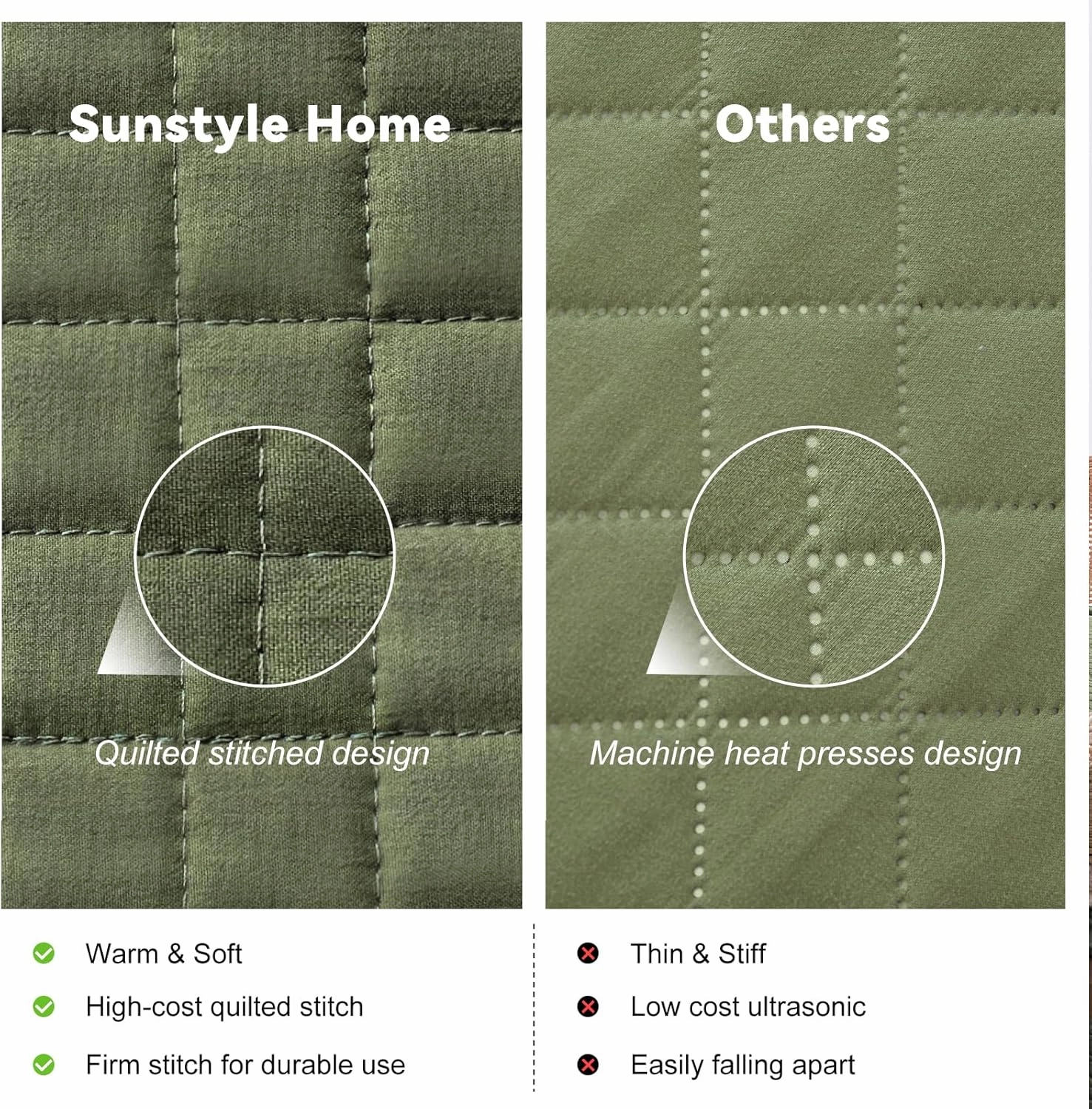 SunStyle Home Olive Green Quilt King Size, Lightweight Blanket Bedspread Soft Reversible Coverlet for All Season 3pcs Army Green Square Quilted Bedding Set (1 Quilt 2 Pillow Shams)(106"x96")