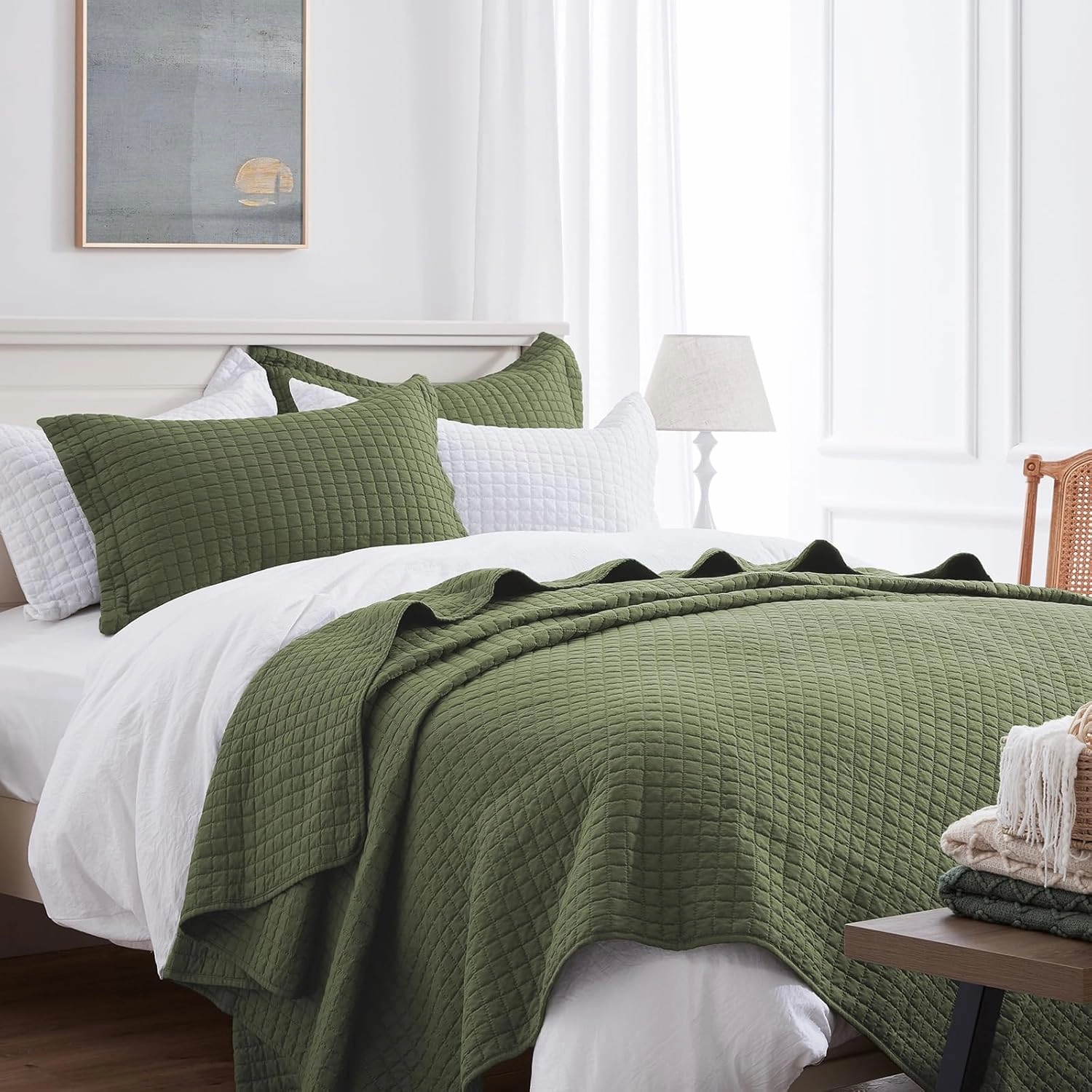 SunStyle Home Olive Green Quilt King Size, Lightweight Blanket Bedspread Soft Reversible Coverlet for All Season 3pcs Army Green Square Quilted Bedding Set (1 Quilt 2 Pillow Shams)(106"x96")
