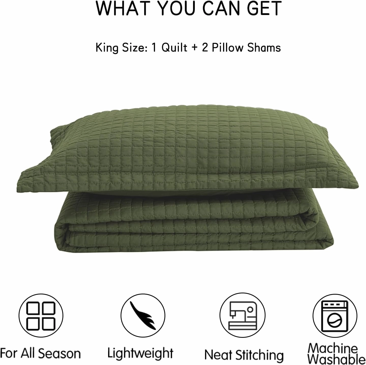 SunStyle Home Olive Green Quilt King Size, Lightweight Blanket Bedspread Soft Reversible Coverlet for All Season 3pcs Army Green Square Quilted Bedding Set (1 Quilt 2 Pillow Shams)(106"x96")