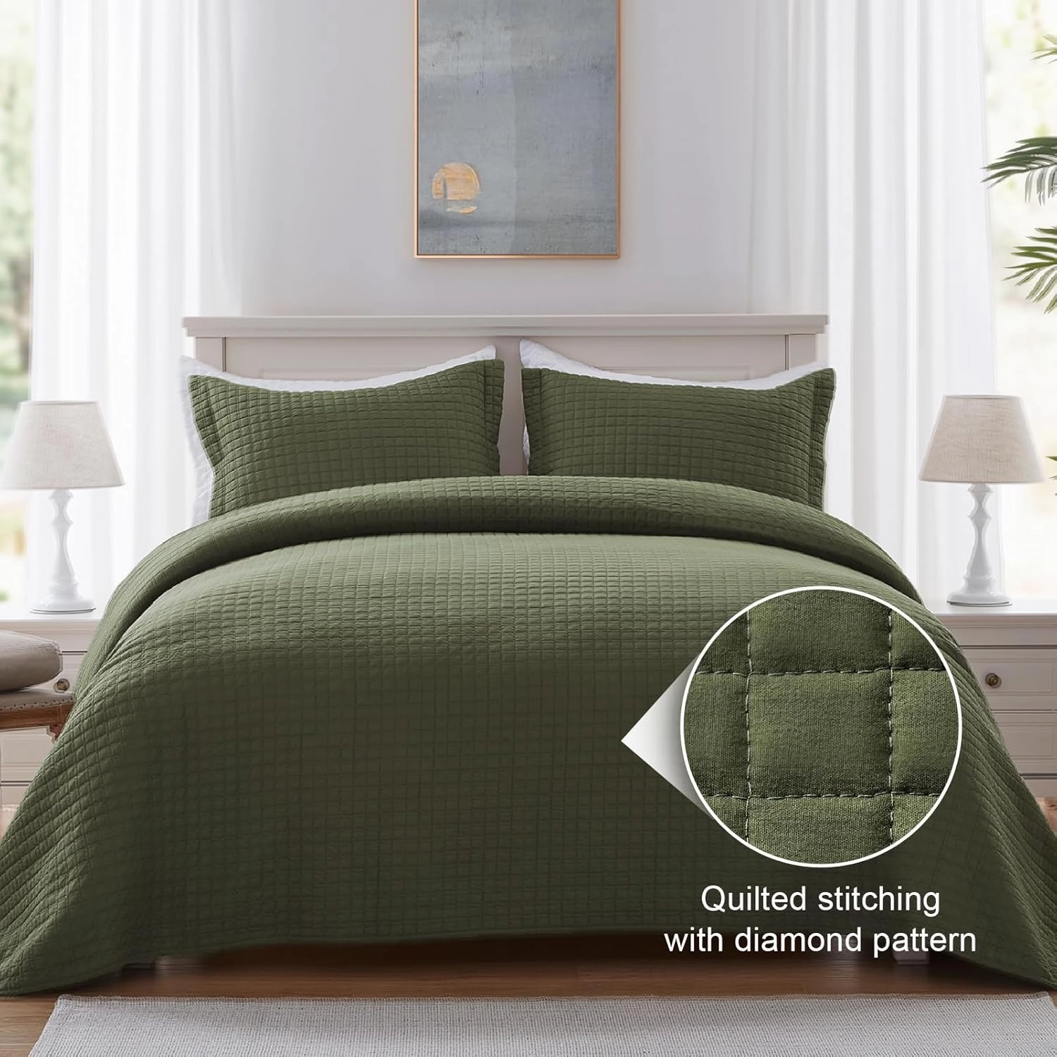 SunStyle Home Olive Green Quilt King Size, Lightweight Blanket Bedspread Soft Reversible Coverlet for All Season 3pcs Army Green Square Quilted Bedding Set (1 Quilt 2 Pillow Shams)(106"x96")