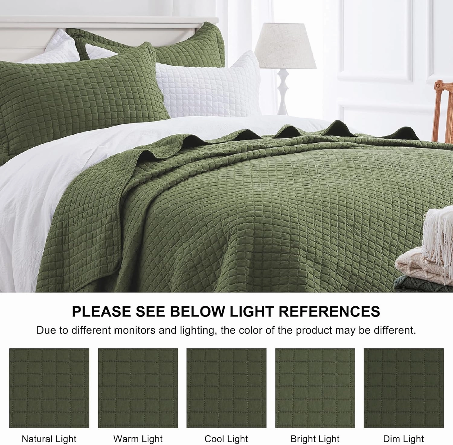 SunStyle Home Olive Green Quilt King Size, Lightweight Blanket Bedspread Soft Reversible Coverlet for All Season 3pcs Army Green Square Quilted Bedding Set (1 Quilt 2 Pillow Shams)(106"x96")
