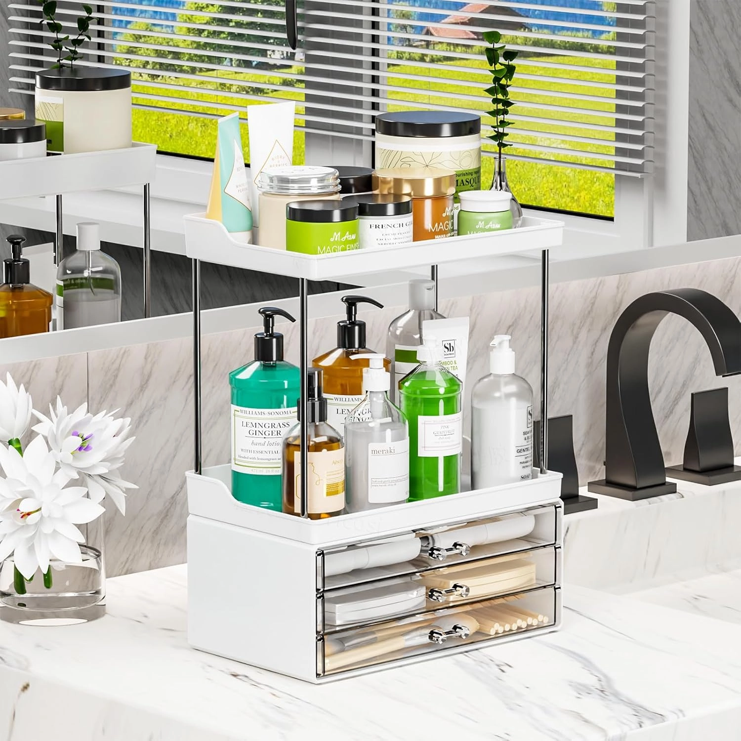 SuoXing Acrylic Makeup Organizer for Bathroom,Vanity,Countertop,14.4" Tall Large Skincare Organizers and Storage for Dresser,Bedroom,Face Product,Lotion,Cosmetic,Beauty,Drawer Perfume Organizer,White