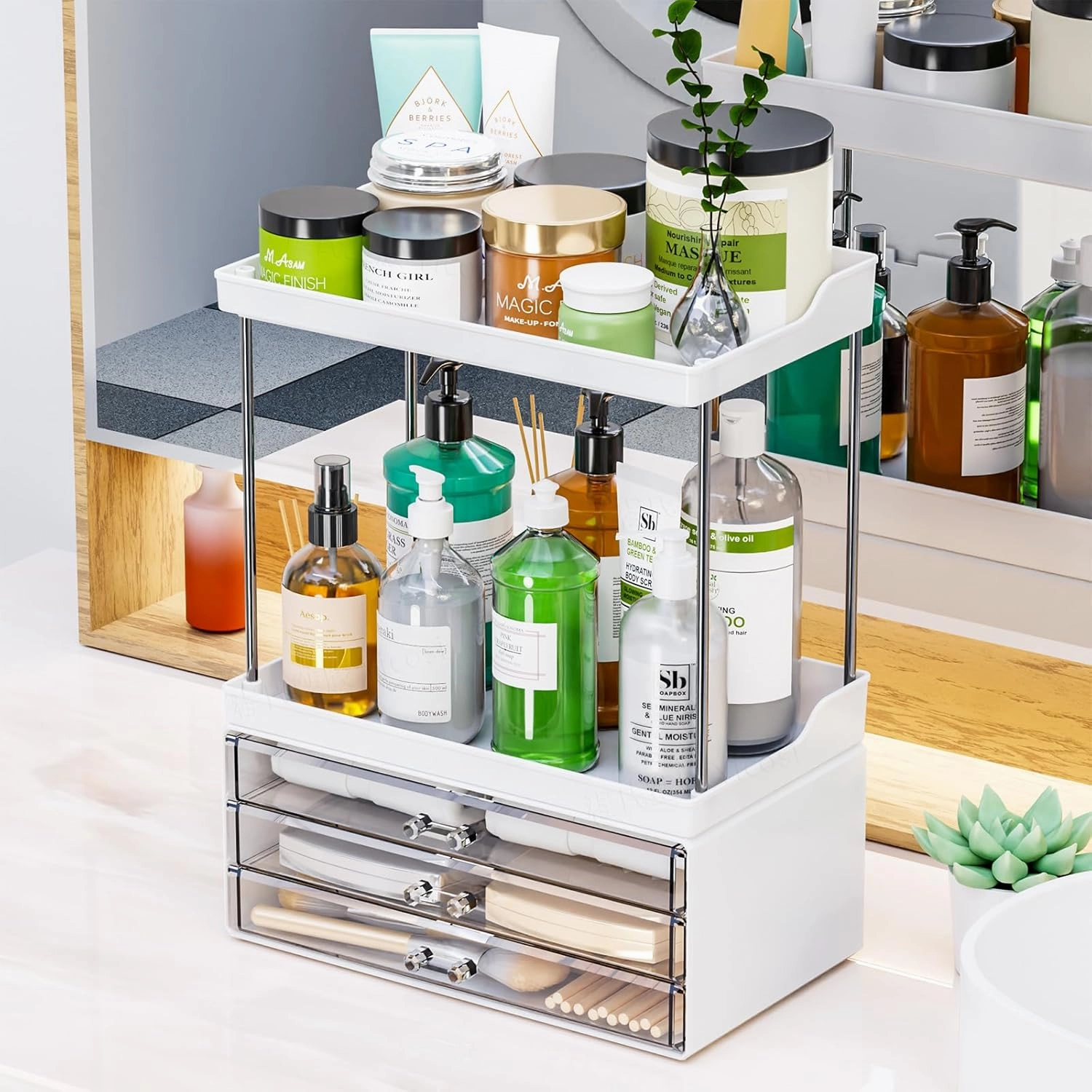 SuoXing Acrylic Makeup Organizer for Bathroom,Vanity,Countertop,14.4" Tall Large Skincare Organizers and Storage for Dresser,Bedroom,Face Product,Lotion,Cosmetic,Beauty,Drawer Perfume Organizer,White