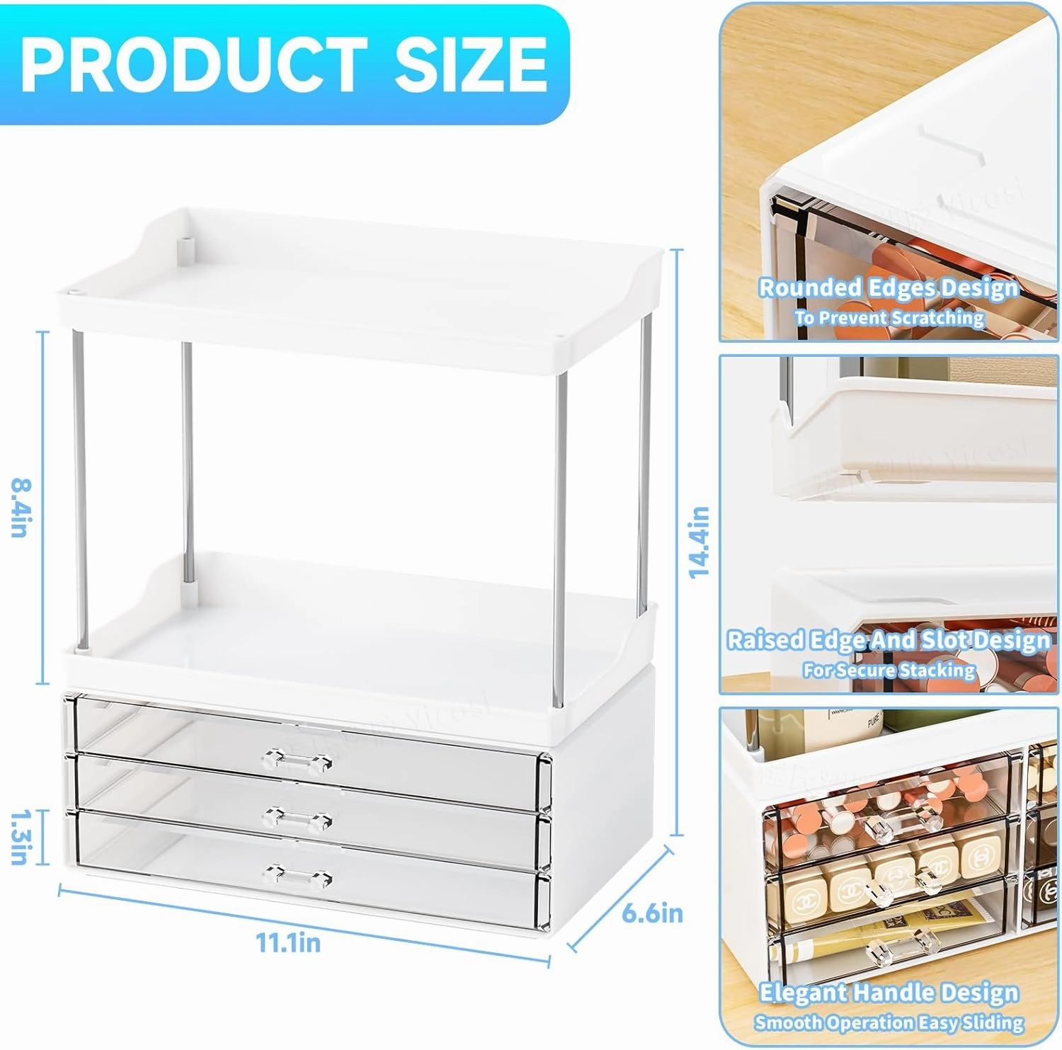 SuoXing Acrylic Makeup Organizer for Bathroom,Vanity,Countertop,14.4" Tall Large Skincare Organizers and Storage for Dresser,Bedroom,Face Product,Lotion,Cosmetic,Beauty,Drawer Perfume Organizer,White