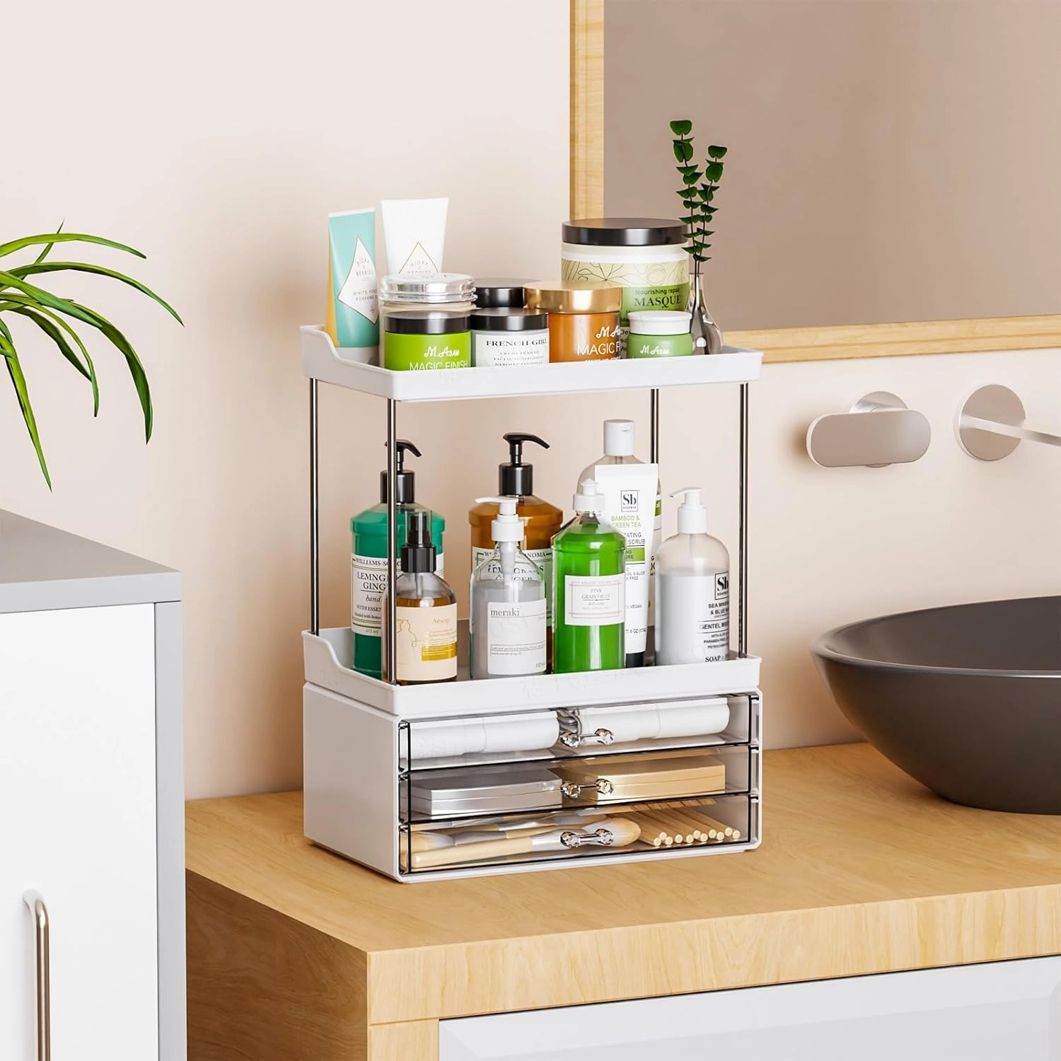 SuoXing Acrylic Makeup Organizer for Bathroom,Vanity,Countertop,14.4" Tall Large Skincare Organizers and Storage for Dresser,Bedroom,Face Product,Lotion,Cosmetic,Beauty,Drawer Perfume Organizer,White