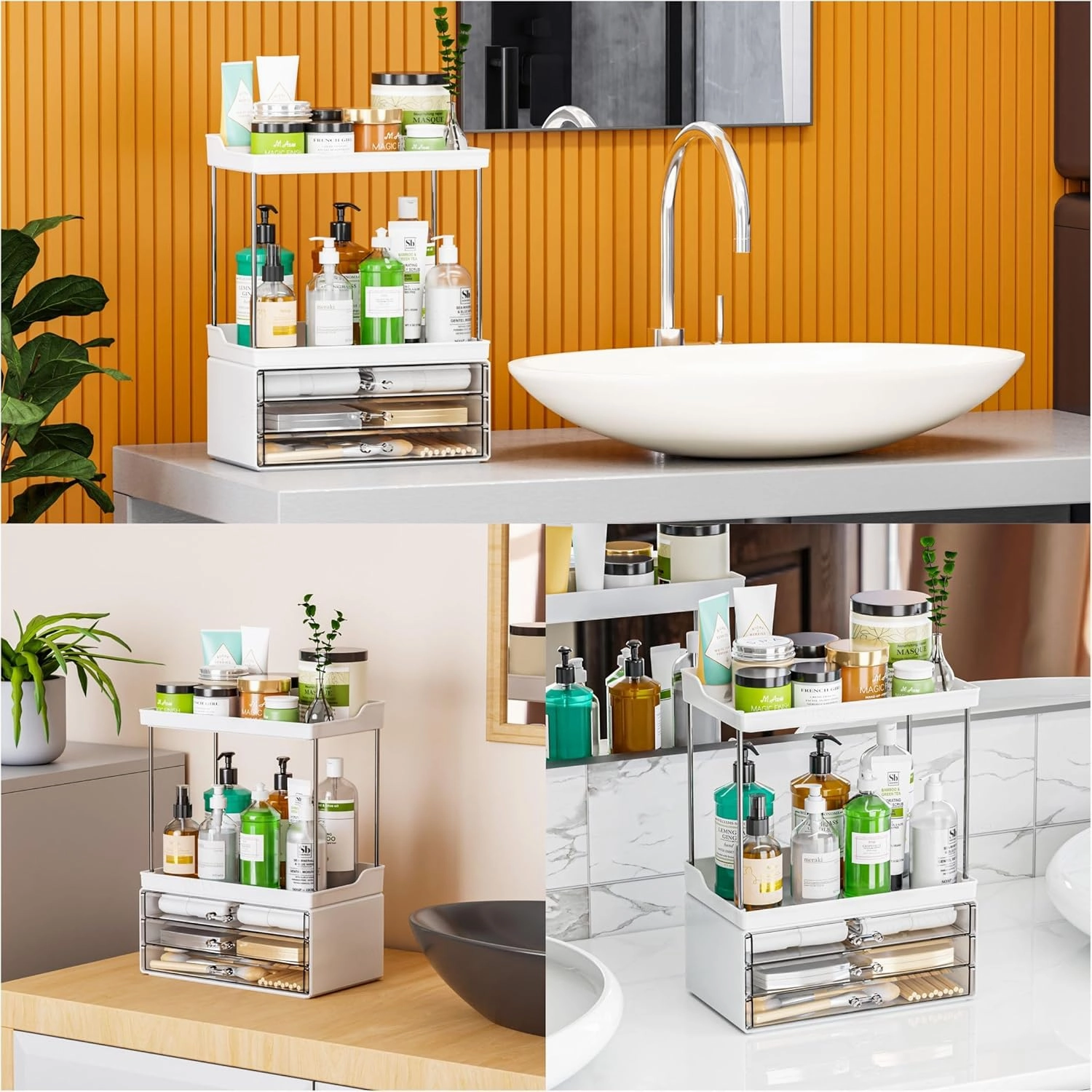 SuoXing Acrylic Makeup Organizer for Bathroom,Vanity,Countertop,14.4" Tall Large Skincare Organizers and Storage for Dresser,Bedroom,Face Product,Lotion,Cosmetic,Beauty,Drawer Perfume Organizer,White