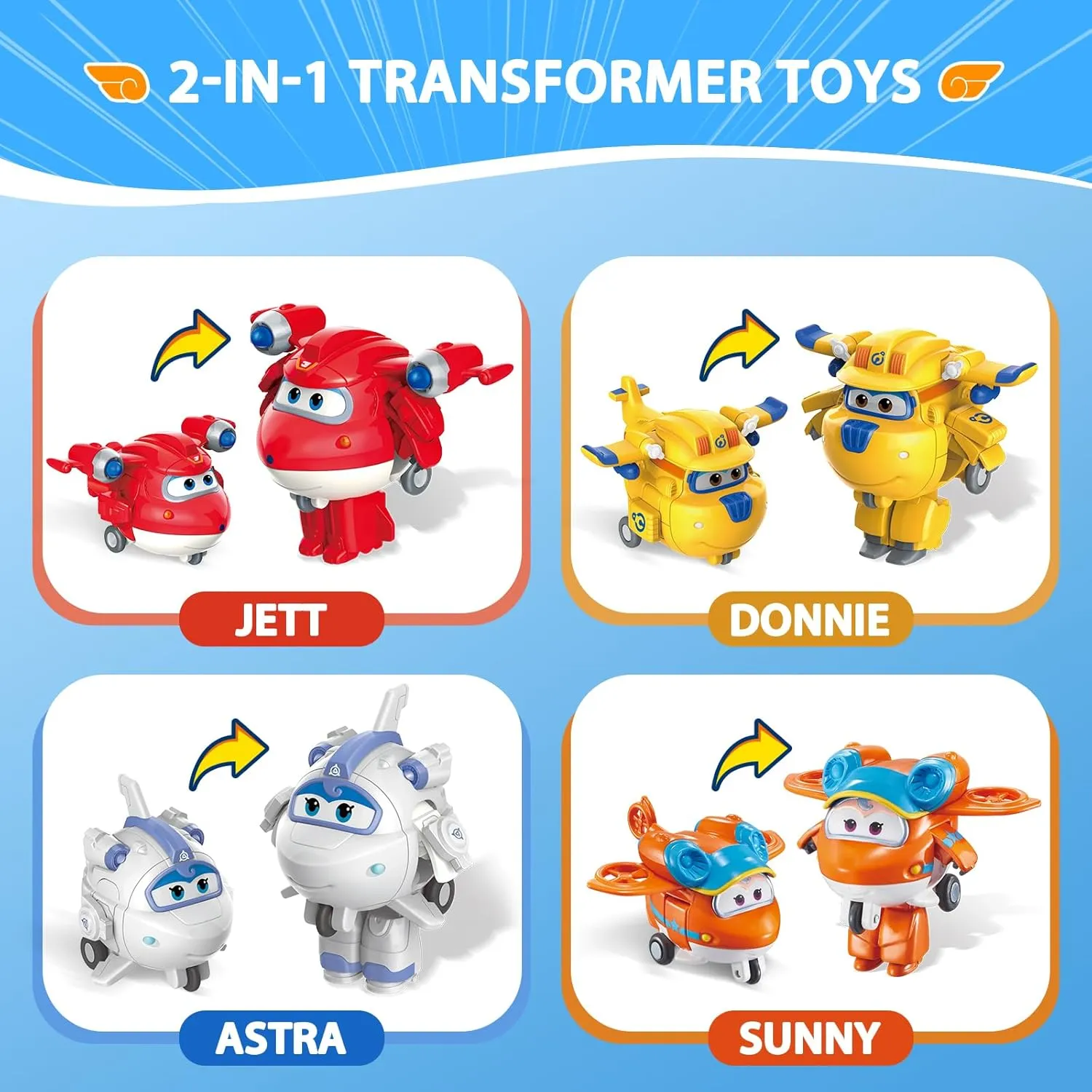Super Wings 2" Transform-a-Bots 4-Pack, Supercharged Jett, Donnie, Astra, Sunny, Airplane Toys Vehicle Mini Figures, Fun Toys for Kids, Transformable Toy for 3 4 5 Year Old Boys and Girls