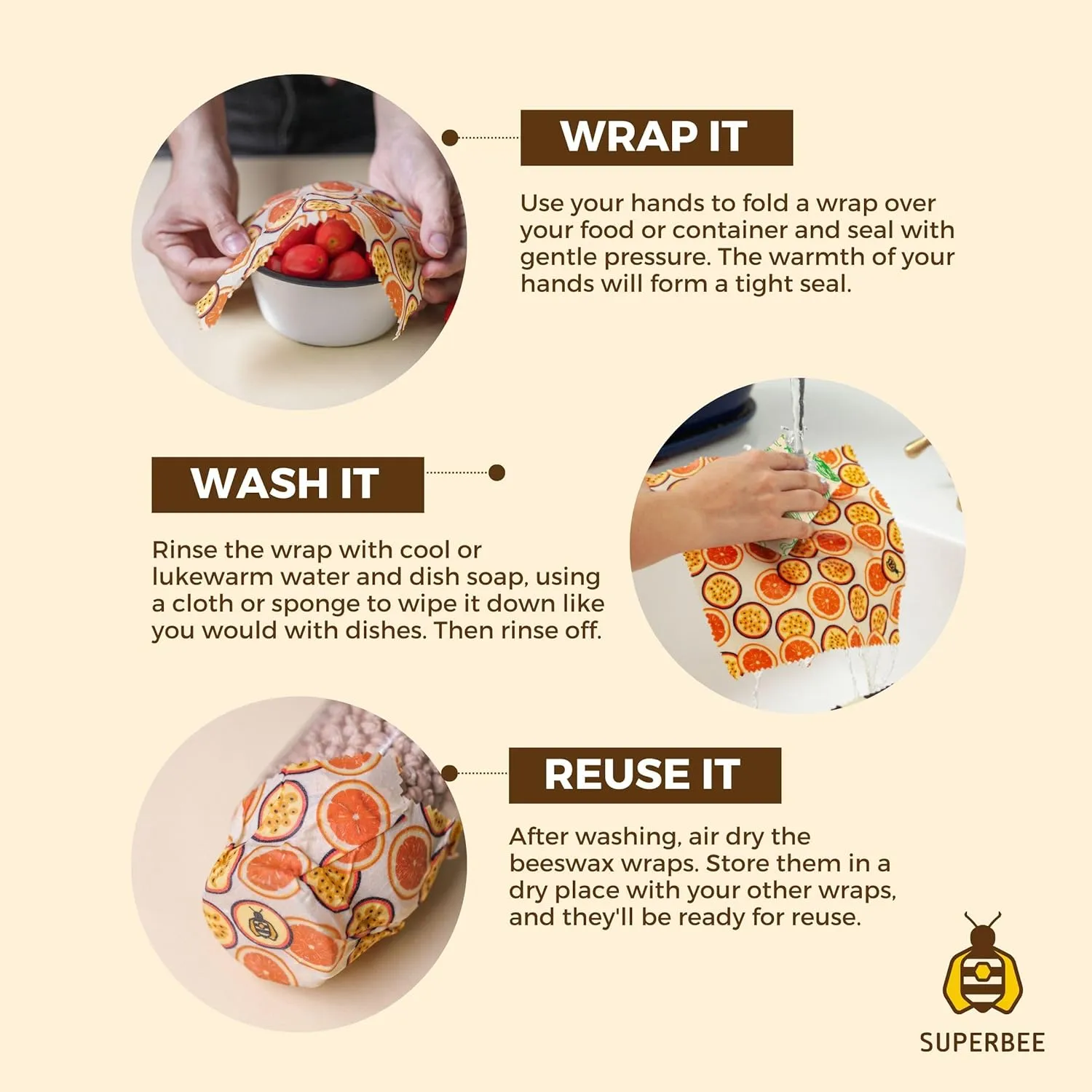 SUPERBEE Beeswax Wrap for Food, Set of 3 Bees Wax Wraps, Reusable Bees Wrap Paper for Wrapping Vegetables, Cheese Paper, Bowl Covers and Sandwich Wrapping Paper, Beeswax Food Wrap (Jungle)
