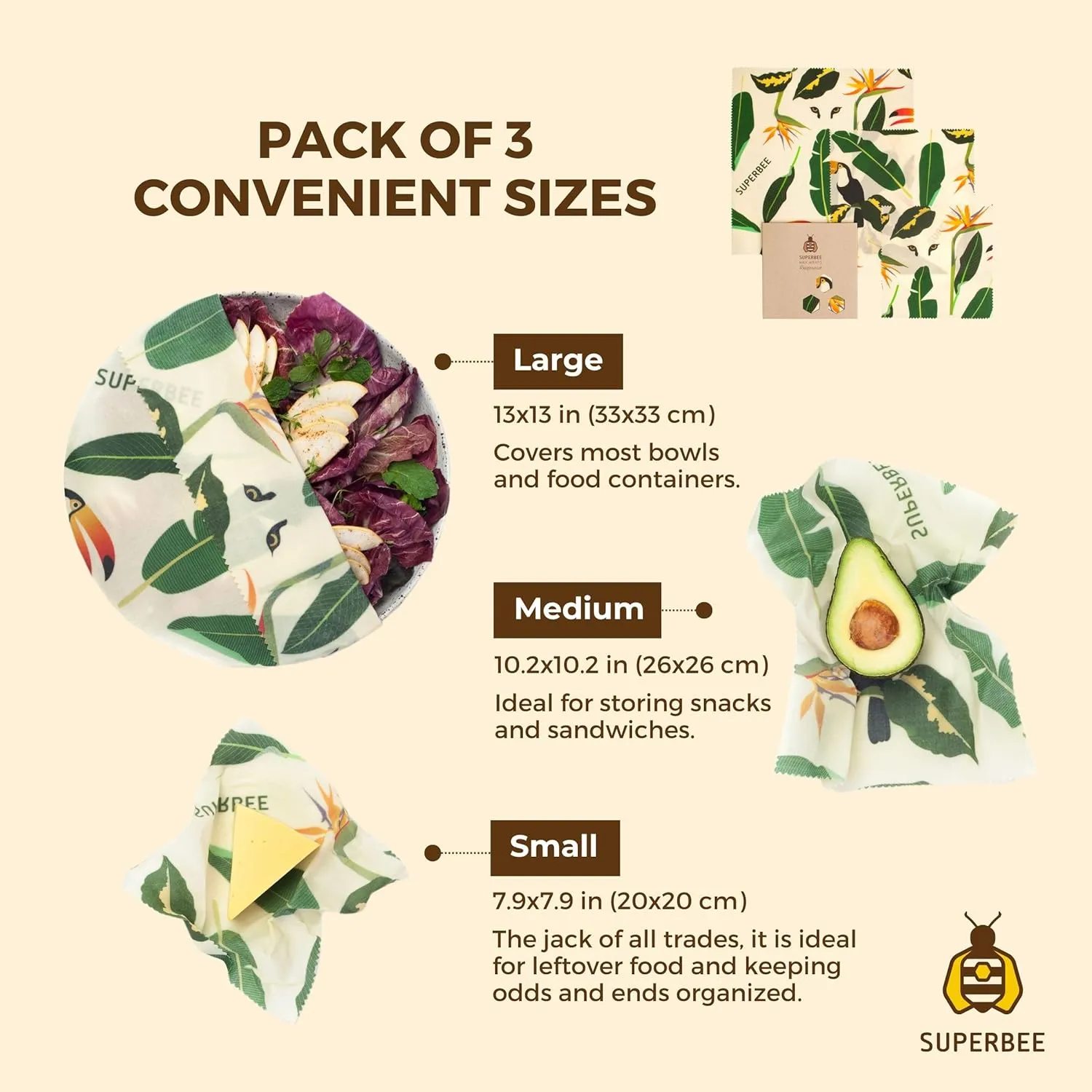 SUPERBEE Beeswax Wrap for Food, Set of 3 Bees Wax Wraps, Reusable Bees Wrap Paper for Wrapping Vegetables, Cheese Paper, Bowl Covers and Sandwich Wrapping Paper, Beeswax Food Wrap (Jungle)